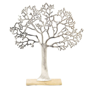 63cm Elegant Silver Tone Tree Of Life Sculpture | Extra Large Silver Metal Tree Ornament On Wooden Base | Aluminium Family Tree Wood Stand