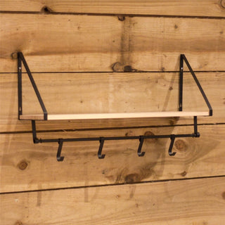 75cm Wall Mounted Wooden Display Shelf With Hooks | Industrial Black Metal Storage Shelves | Kitchen Spice Rack