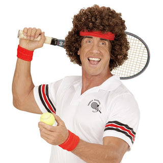 80s Tennis Player Wig And Headband | Brown 1980s Curly Tennis Ace Wig | Retro Sports Fancy Dress Accessories