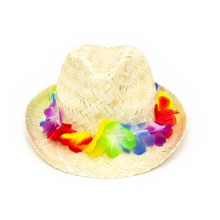 Adult Unisex Straw Fedora Gangster Hat | Straw Trilby Hat With Flower Garland | Summer Beach Party Hat Hawaiian Fancy Dress
