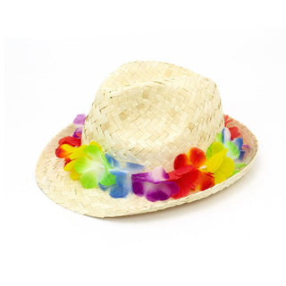 Adult Unisex Straw Fedora Gangster Hat | Straw Trilby Hat With Flower Garland | Summer Beach Party Hat Hawaiian Fancy Dress
