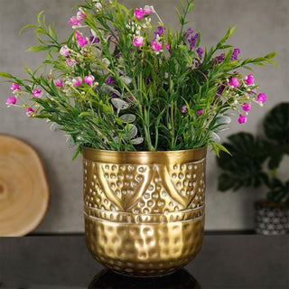 Antique Style Gold Tone Metal Vase | Vintage Hammered Vase Artificial Flower Vase Round Patterned Vase | Decorative Ornamental Vase