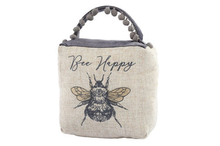 Bee Happy Cube Fabric Bee Doorstop | Honey Bee Pom Pom Doorstopper | Square Bee Door Stop With Handle