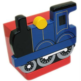 Blue Train On Red Money Box | Childrens Wooden Money Box | Piggy Bank, Saving Pot for Kids Room or Nursery Decor - Hand made in UK