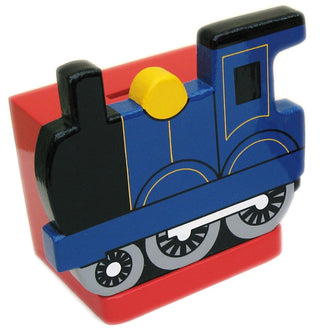 Blue Train On Red Money Box | Childrens Wooden Money Box | Piggy Bank, Saving Pot for Kids Room or Nursery Decor - Hand made in UK