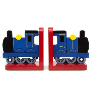 Blue Train On Red Wooden Bookends For Kids | Childrens Book Ends | Book Stoppers For Shelves, Kids Room or Nursery Decor - Hand Made in UK