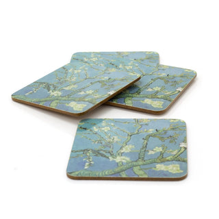 Botanical Almond Blossom Coasters | Set Of 4 Square Floral Cork Drinks Coasters