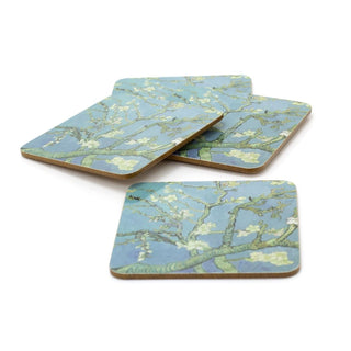 Botanical Almond Blossom Coasters | Set Of 4 Square Floral Cork Drinks Coasters