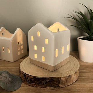 Ceramic House Shaped with Natural Base | Christmas Tealight Candle Holder