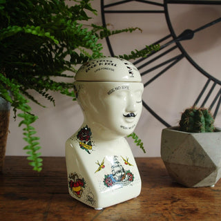 Ceramic Tattoo Phrenology Head Bust Ornament Storage Jar Pot - Novelty Phrenology Storage Head