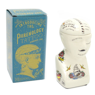 Ceramic Tattoo Phrenology Head Bust Ornament Storage Jar Pot - Novelty Phrenology Storage Head