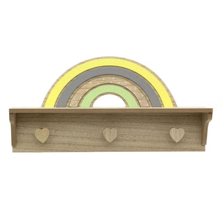 Childrens Wooden Rainbow Shelf with 3 Heart Shaped Hooks | Baby Nursery Decor