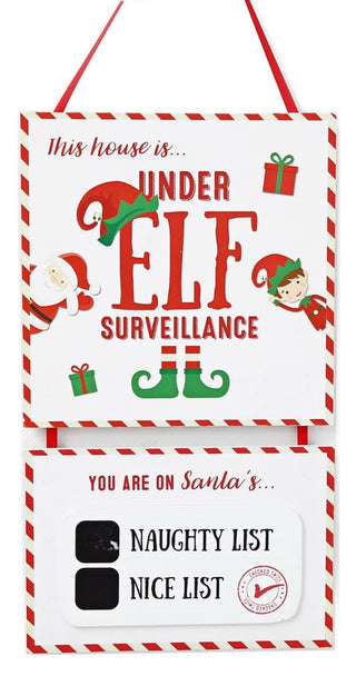 Christmas Elf Surveillance Naughty Nice List Chalk Board Hanging Wall Plaque Sign