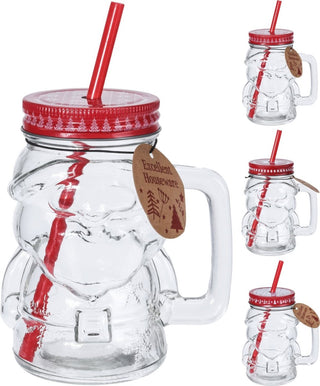 Clear Glass Mason Santa Shaped Christmas Drinking Jar With Lid And Straw - Design Varies