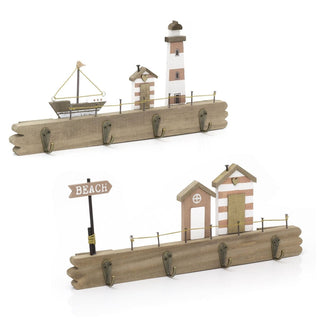Coastal Beach Hut Plaque with 4 Wall Hooks - Nautical Wooden Hanger Decor - 34cm