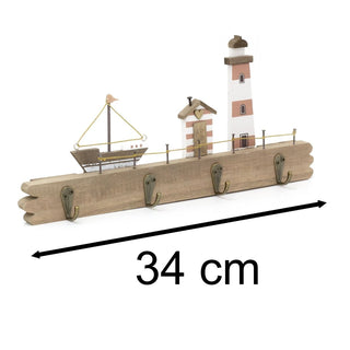 Coastal Beach Hut Plaque with 4 Wall Hooks - Nautical Wooden Hanger Decor - 34cm