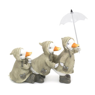 Cute Puddle Duck Family With Umbrella Ornament | Indoor Outdoor Duck And Brolly Statue | Bird Sculpture Garden Decorations