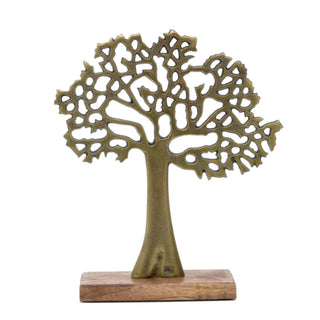 Elegant Gold Tone Tree Of Life Sculpture | Aluminium Tree Ornament Jewellery Stand | Gold Metal Tree Decorative Ornament On Wooden Base