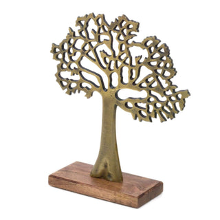 Elegant Gold Tone Tree Of Life Sculpture | Aluminium Tree Ornament Jewellery Stand | Gold Metal Tree Decorative Ornament On Wooden Base