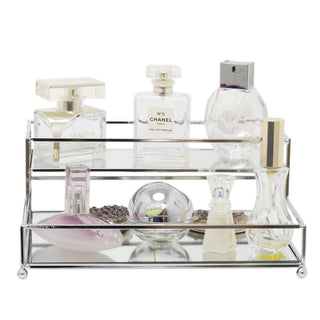 Elegant Silver Effect 2 Tier Mirrored Display Tray | Perfume Jewellery Cosmetic Organiser | Decorative Metal Double Layer Vanity Dish