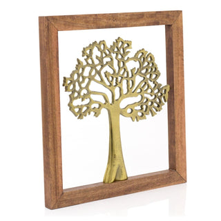 Framed Elegant Gold Tone Tree Of Life Sculpture | Aluminium Family Tree Wall Ornament | Gold Metal Tree Decorative Hanging Wall Art