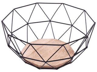 Geometric Design Black Wire Fruit Bread Basket Bowl With Wooden Base