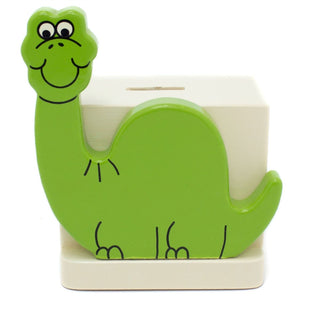 Green Dinosaur On White Money Box | Childrens Wooden Money Box | Piggy Bank, Saving Pot for Kids Room or Nursery Decor - Hand made in UK