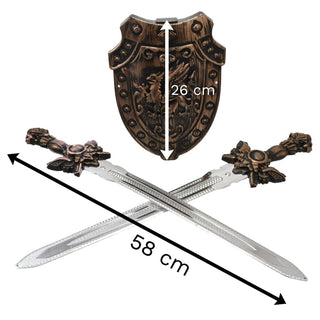 Kids Twin Sword Shield Battle Pack Toy | Children's Medieval Knight Costume Fancy Dress | Play Sword Shield Set Role Playing - Bronze