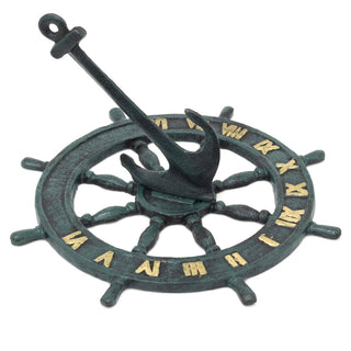 Nautical Cast Iron Garden Sundial | Metal Outdoor Sundial Ship Wheel Anchor Ornament - 23cm