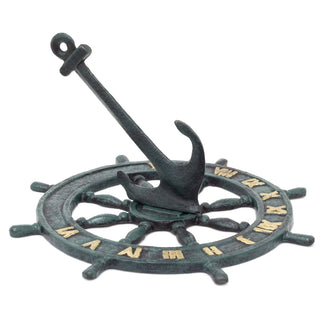 Nautical Cast Iron Garden Sundial | Metal Outdoor Sundial Ship Wheel Anchor Ornament - 23cm