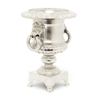 Ornate Silver Metal Lion Head Trophy Planter | Aluminium Geek Style Urn Pot | Grecian Urn Planter Pedestal Planters