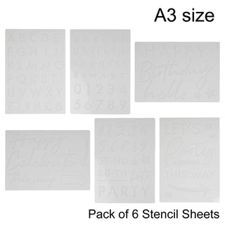 Pack Of 6 A3 Stencil Sheets Numbers Letter DIY Party Sign Templates | Reusable Party Wedding Templates Plastic Stencil Kit | Wedding Birthday Celebration Script Writing Stencils