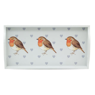 Pretty Robin Redbreast Wooden Serving Tray Display Tray| Grey Wooden Tray With Handles Drinks Tray | Kitchen Tea Coffee Tray Snack Trays