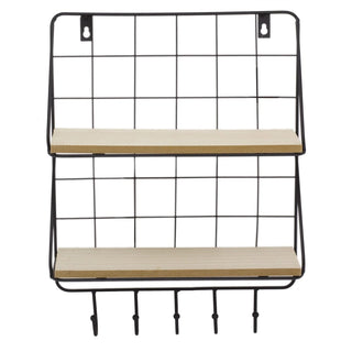 Rectangle Wall Double Shelf Unit With Hooks | 2 Tier Wooden Black Metal Floating Shelves | Kitchen Spice Rack