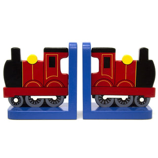 Red Train On Blue Wooden Bookends For Kids | Childrens Book Ends | Book Stoppers For Shelves, Kids Room or Nursery Decor - Hand Made in UK
