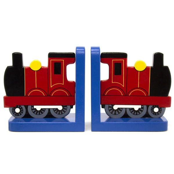 Red Train On Blue Wooden Bookends For Kids | Childrens Book Ends | Book Stoppers For Shelves, Kids Room or Nursery Decor - Hand Made in UK