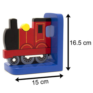 Red Train On Blue Wooden Bookends For Kids | Childrens Book Ends | Book Stoppers For Shelves, Kids Room or Nursery Decor - Hand Made in UK