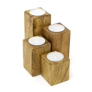 Rustic Set Of 4 Mango Wood Square Tea Light Holders With Votive Candles