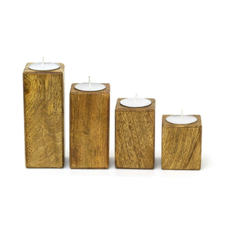 Rustic Set Of 4 Mango Wood Square Tea Light Holders With Votive Candles