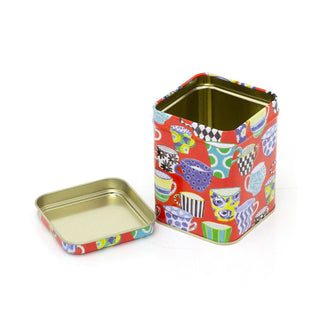 Sarah Campbell Red Tea Cup 100gm Square Storage Tin | Kitchen Tea Caddy Tin