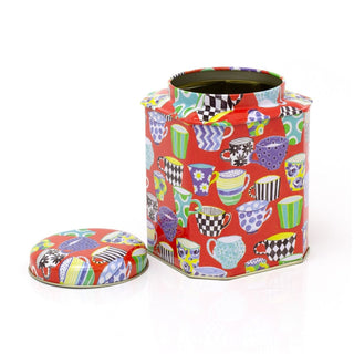 Sarah Campbell Red Tea Cup Cut Corner Storage Tin | Kitchen Tea Caddy Tin