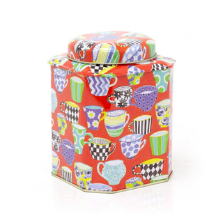 Sarah Campbell Red Tea Cup Cut Corner Storage Tin | Kitchen Tea Caddy Tin