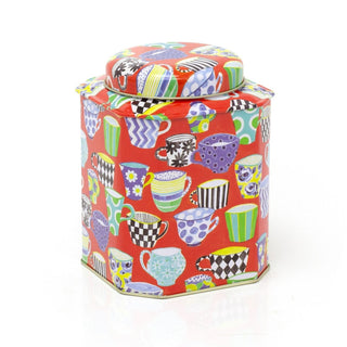 Sarah Campbell Red Tea Cup Cut Corner Storage Tin | Kitchen Tea Caddy Tin