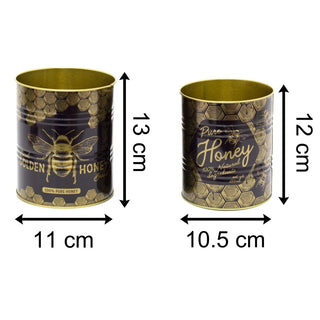 Set of 2 Bee Hive Retro Metal Storage Tins | Monochrome Vintage Metal Display Can | Replica Honey Tin Cans