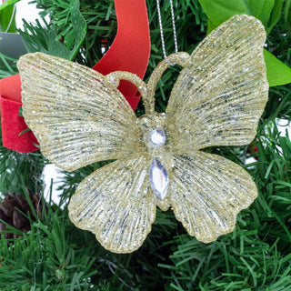 Set Of 2 Champagne Gold Glitter Diamante Butterfly Christmas Baubles | Novelty Hanging Christmas Tree Ornaments | Xmas Baubles Christmas Decor Hanging Decorations