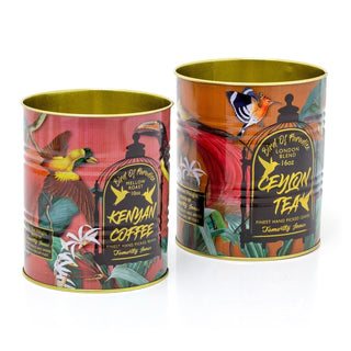 Set of 2 Decorative Replica Tea And Coffee Tin Cans | 2 Piece Birds Of Paradise Retro Metal Storage Tin Set | Tropical Vintage Style Metal Food Display Cans