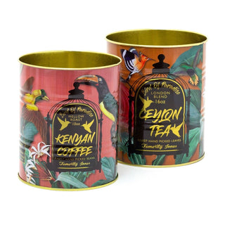 Set of 2 Decorative Replica Tea And Coffee Tin Cans | 2 Piece Birds Of Paradise Retro Metal Storage Tin Set | Tropical Vintage Style Metal Food Display Cans