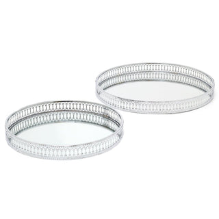Set Of 2 Mirror Glass Candle Plate Stand | Silver Metal 2 Piece Round Mirror Glass Display Candle Plate | Mirrored Candle Tray Vanity Perfume Tray