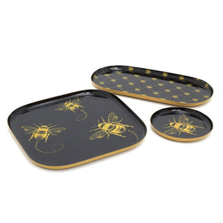 Set Of 3 Black and Gold Bee Display Tray Candle Trays | 3 Piece Metal Trinket Tray Jewellery Dish | Display Dish Set