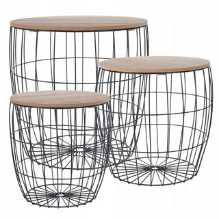 Set Of 3 Round Black Metal Side Tables | Wooden Top Storage Basket End Tables